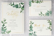 Set Of Greenery Wedding Invitation Card Template Design Of Eucalyptus Leaves