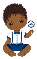 Wall Mural - Cute African American Little Man Holding Rattle with moustache Image. Vector Baby Boy with Rattle