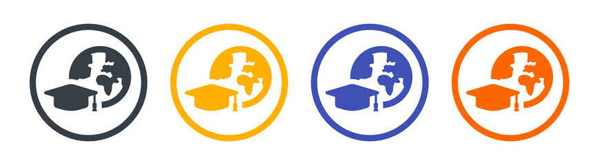 Study aboard icon set. Education symbol vector illustration. Graduation cap with global icon.
