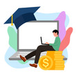 Online education scholarship concept vector illustration on white background. Website digital scholarship. Student, computer, stack of coins and graduation hat in flat design.