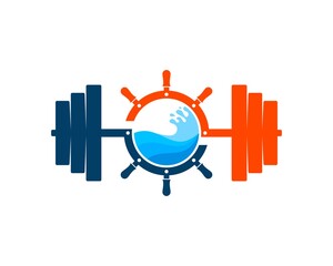 Sticker - Gym barbell with ship steering wheel and beach wave inside