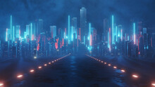 3D Rendering Of Neon Mega City With Light Reflection From Puddles On Street Heading Toward Buildings. Concept For Night Life,  Business District Center (CBD)Cyber Punk Theme, Tech Background 