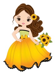 Wall Mural - Beautiful Girl Holding Bouquet of Sunflowers. Vector Girl with Sunflowers