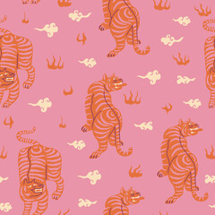 Tigers asian style funky seamless pattern. Vector illustration