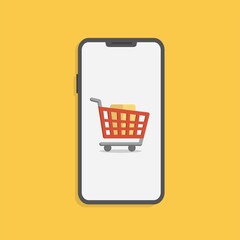 Wall Mural - shopping online concept with smartphone and cart isolated on yellow. stock