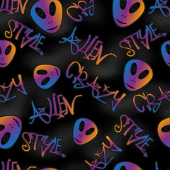 Wall Mural - Abstract seamless pattern with bright aliens, graffiti text.