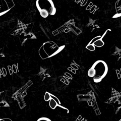 Wall Mural - Abstract seamless pattern for cool boy. Urban style print with pistol, cap, glasses, headphones and text bad boy