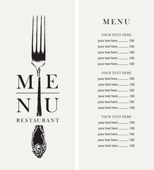 Wall Mural - Vector template of a restaurant menu with a price list and a cover decorated with a beautiful antique fork on a light background. Black and white menu design for a restaurant with fine cuisine