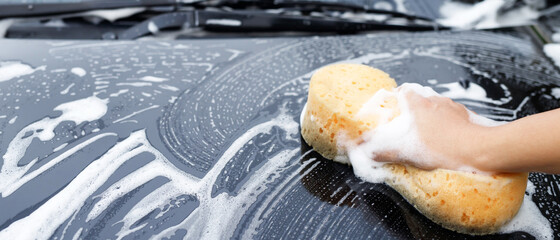 people worker man holding hand yellow sponge and bubble foam cleanser window for washing car. Concept car wash clean. Leave space for writing messages.