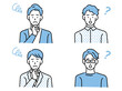 © bebe   - 悩む男性のイラスト(困る、悩み、考える、問題、不安、調べる、困惑、疑問、解決、？) Confused man thinking together. People with question marks vector illustration. Man and woman with question, thinking guy