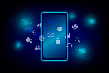 Business and technology concept. Blue glowing of smartphone or mobile with white application icon on the screen with line network and connection on dark blue background. 