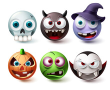 Smileys Halloween Emoji Vector Set. Smiley Emojis Horror Character Mascot Collection Isolated In White Background For Graphic Design Elements. Vector Illustration
