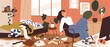 Lazy woman with mess around at home. Depressed sluggish person in dirty messy room. Concept of apathy, depression and psychological disorder. Flat vector illustration of untidy apartment with trash
