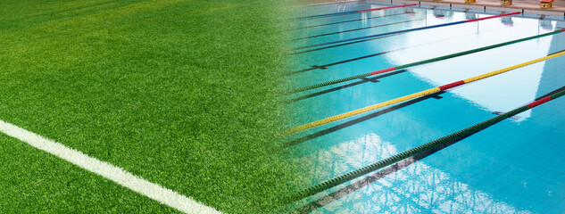 Wall Mural - green artificial football field and blue swimming pool tract banner background