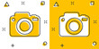 © Lysenko.A - Vector cartoon photo camera icon in comic style. Photographer cam sign illustration pictogram. Camera business splash effect concept.