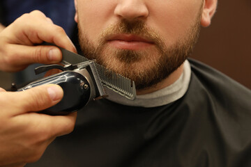 Wall Mural - Professional hairdresser working with client in barbershop, closeup