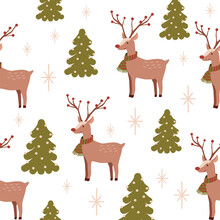 Christmas Seamless Pattern Of Reindeer And Tree For Fabric, Linen, Textile And Wallpaper