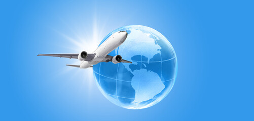 Wall Mural - airplane flying around the earth globe. travel concept