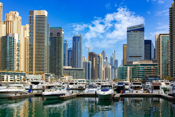 Dubai Marina skyscrapers and port in Dubai, United Arab Emirates