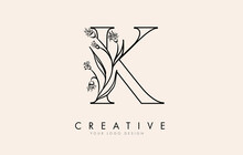 Black Outline K Letter Logo Design With Black Flowers Vector Illustration.