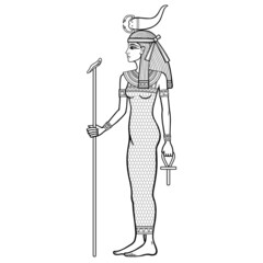 Wall Mural - Animation portrait Ancient Egyptian goddess Selket holds symbols of power: staff and cross. Lord of the scorpions and the dead. Profile view. Vector illustration isolated on a white background. 