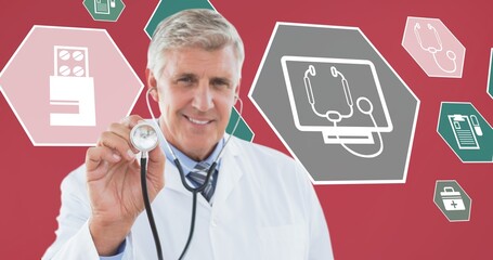 Canvas Print - Composition of portrait of male doctor over digital icons on red background