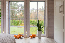 Bright Photo Studio Interior With Big Window, High Ceiling, White Wooden Floor