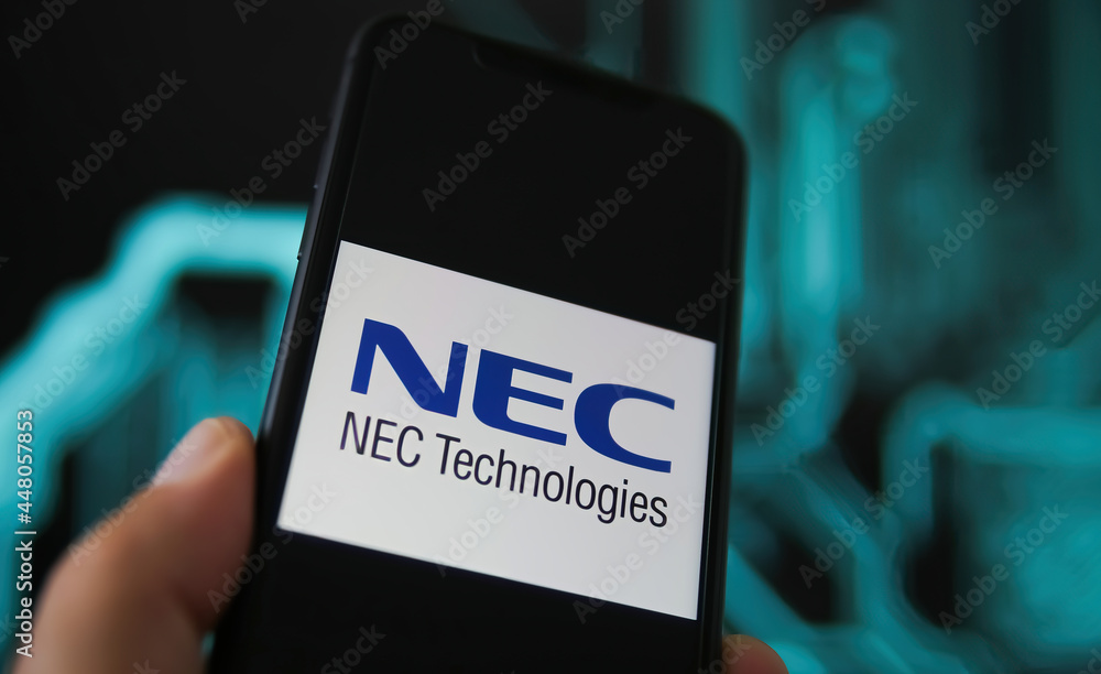 Nec Background Viersen, Germany - May 9. 2021: Closeup of phone screen with logo ...