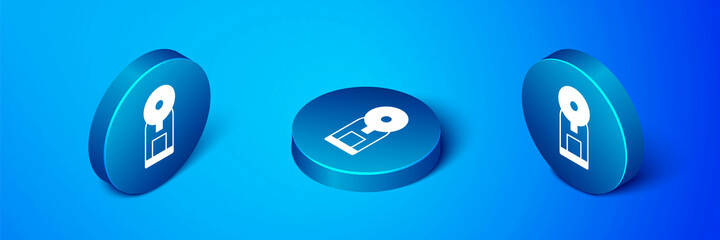 Poster - Isometric Smart coffee machine system icon isolated on blue background. Internet of things concept with wireless connection. Blue circle button. Vector