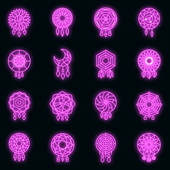 Wall Mural - Dream catcher icons set. Outline set of dream catcher vector icons neon color on black