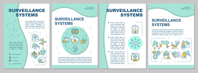 Surveillance system features mint brochure template. Cameras usage. Flyer, booklet, leaflet print, cover design with linear icons. Vector layouts for presentation, annual reports, advertisement pages