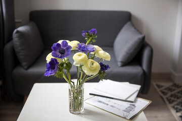 Wall Mural - Bouquet of white ranunculus and blue anemone in the vase on a white coffee table near sofa with plaid. The books and journal.