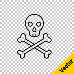 Sticker - Black line Skull on crossbones icon isolated on transparent background. Happy Halloween party. Vector