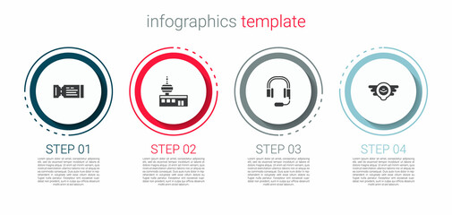 Sticker - Set Airline ticket, Airport control tower, Headphones with microphone and Aviation emblem. Business infographic template. Vector