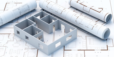 Construction project concept. Architecture blueprint background, 3d illustration