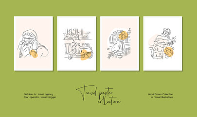 Minimal hand drawn travel vector illustration set for wall art or poster design.