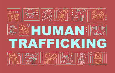 Illegal human trafficking and slavery word concepts banner. Infographics with linear icons on red background. Isolated creative typography. Vector outline color illustration with text