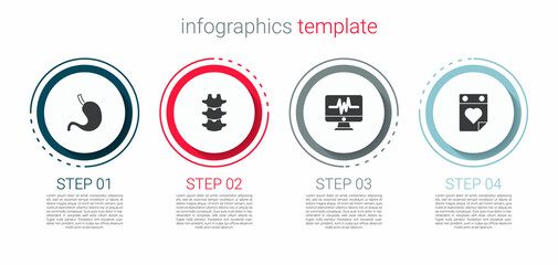 Sticker - Set Human stomach, spine, Monitor with cardiogram and Doctor appointment. Business infographic template. Vector