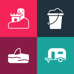 Poster - Set pop art Rv Camping trailer, Shark fin ocean wave, Sand bucket and castle icon. Vector