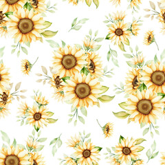 hand drawn watercolor sunflower seamless pattern