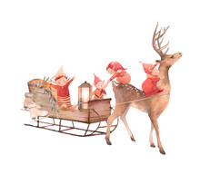 Vintage Christmas Sleigh. Watercolor Winter Time Illustration. Cozy Isolated Decorative Composition: Sled, Elves, Candle Lamp And Deer On White Background. Hand Drawn Santa Gnomes Art.