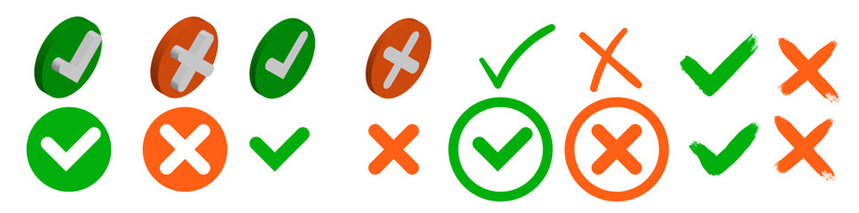 Check and wrong icons set of check marks. Green tick, red cross, black tick and cross. Vector icons.