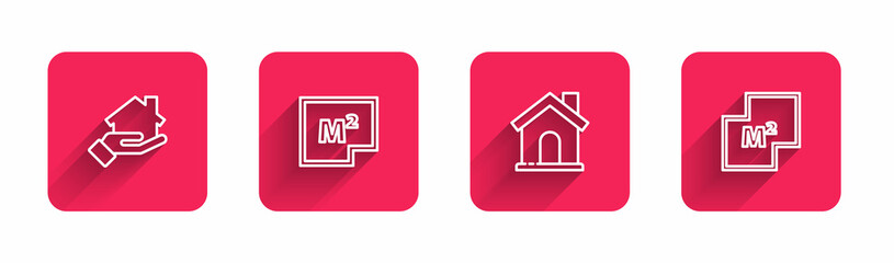 Sticker - Set line Realtor, House plan, and with long shadow. Red square button. Vector