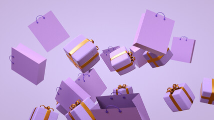 Gifts and gift bags flying in different directions in pink and purple colors - 3D rendering