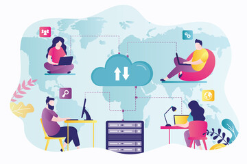 Wall Mural - business people use cloud server for distant job. segregation of duties. concept of global outsourci