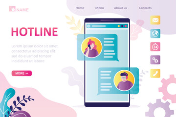 Wall Mural - hotline landing page template. client and operator talking on smartphone screen. girl customer asks 