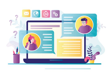 Wall Mural - laptop screen with text messages. male operator in headphones talking with female client. woman user
