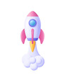 © Анна Тощева - 3d cartoon style minimal spaceship rocket icon. Toy rocket upswing ,spewing smoke. Startup, space, business concept.