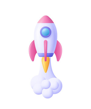 Wall Mural - 3d cartoon style minimal spaceship rocket icon. Toy rocket upswing ,spewing smoke. Startup, space, business concept.