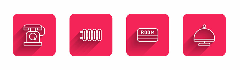 Sticker - Set line Telephone handset, Heating radiator, Hotel key card and Covered with tray with long shadow. Red square button. Vector